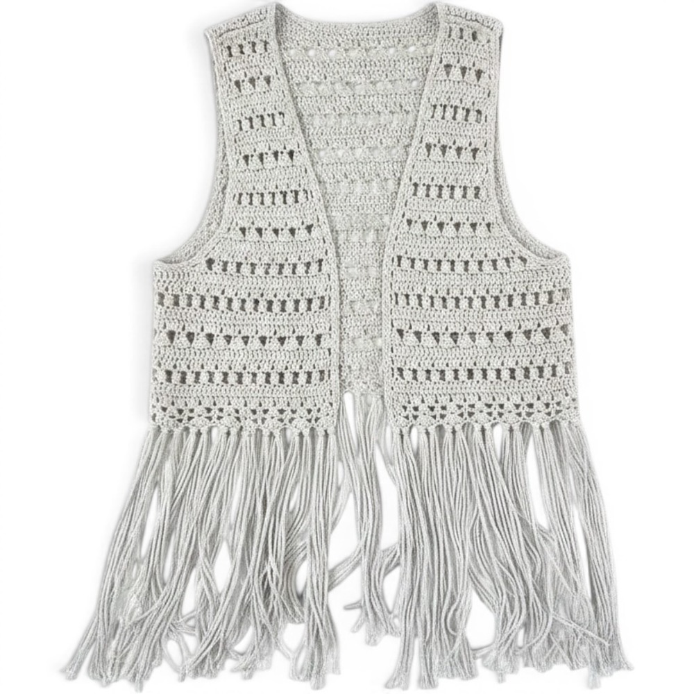 Forever 21‎ Womens Crochet Fringe Vest Cream Off White Boho Festival Large L/G